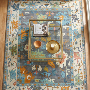 Tapis en laine noué à la main, motif floral classique, gris, bleu, multicolore, rectangulaire, à poils plats, durable, pour la maison - Product Image 4