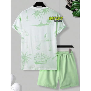 Ensemble de t-shirts imprimés en tricot pour hommes OEM, tissu doux, haut décontracté et short assorti - Product Image 1