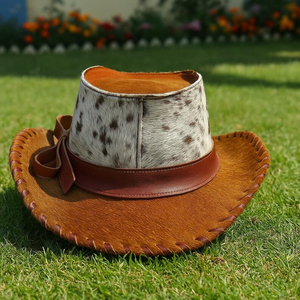 Sombrero de vaquero unisex hecho a mano de cuero con pelo, de alta calidad, con borde cosido a mano, para cosplay western, precio económico, OEM personalizado - Product Image 1