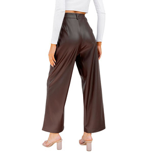 Pantalon élégant taille haute en PU, coupe large, longueur cheville, couleur unie avec poches, fermeture boutonnée, coupe ample, style automne - Product Image 3