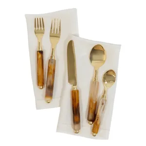 Premium Modern Gold Plated Stainless Steel Flatware Sets Resin Handle Place Setting Dinnerware Spoon Fork Custom Box Packaging - Product Image 2