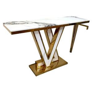 Mesa Consola de Latón y Madera Reciclada Natural de Alta Calidad, Mesa de Entrada Geométrica Estilo Rústico, Mueble Decorativo con Estructura de Hierro - Product Image 6