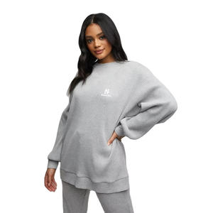 Sweat-shirt en tricot surdimensionné pour femme HawkEye, col rond, épaules tombantes, manches longues, gris uni avec poches, vêtements d'automne - Product Image 1