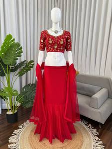 <b>Red</b> Floral Thread and Sequence Embroidered Saree <b>Blouse</b> Heavy Faux Georgette Silk Style for Women Party Wear - Product Image 5