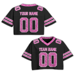 Tontons Custom Unisex Breathable Mesh Cheer Football Jersey Personalized Black Pink Crop <b>Top</b> Short Sleeves <b>Sparkly</b> Glitter - Product Image 3