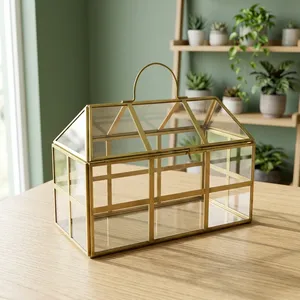 Joyero de Cristal y Latón con Espejo, Organizador Rectangular para Collares y Anillos, Decoración de Vanidad en Forma de Cabaña - Product Image 3