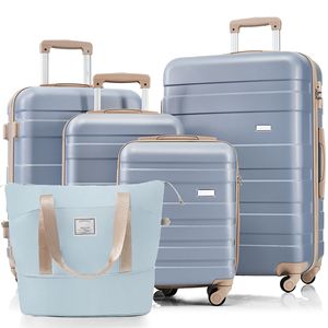 Il Set per bagagli espandibile in 5 pezzi blu chiaro include valigie da 16 \ "20 \" 24 \ "28 \" ruote Spinner di 360 gradi regolabili telescopiche - Product Image 1