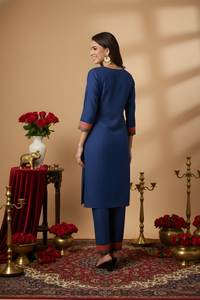 Ensemble pantalon et kurta droit en coton épais bleu, col rond, longueur mollet, uni, tenue ethnique festive pour femme, tailles M L XL XXL - Product Image 5