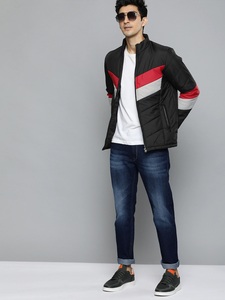 Blouson matelassé pour homme noir, rouge et blanc, coupe-vent, style sportif, col montant, fermeture éclair sur le devant, coupe régulière - Product Image 2