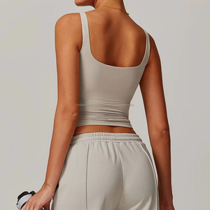 Haut court à col carré pour femme, dos nageur, couleur unie, froncé devant, respirant, anti-transpiration, vêtement de sport yoga, sans couture, mi-spandex - Product Image 2