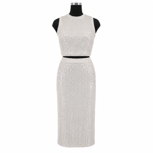 Womens Silver Sequin Two Piece Set Sleeveless Crop <b>Top</b> High Waist Midi Skirt <b>Sparkly</b> Party Cocktail Evening Wedding Formal Dress - Product Image 1