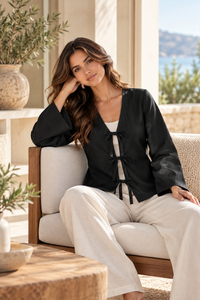 Conjunto de Top y Pantalones Anchos de Lino y Algodón Negro Sólido para Uso Diario, Camisa con Lazo Delantero, Atuendo Casual de Verano para Mujer - Product Image 4