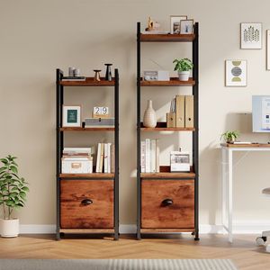 Étagère rustique à 4 niveaux avec tiroir, étagères en bois, organisateur de rangement étroit et haut, bibliothèque en bois et métal pour chambre à coucher et salon - Product Image 4