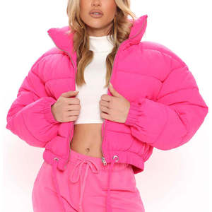 Pink Puffer <b>Jacket</b> Stand Collar Zipper Closure Quilted Windproof Thick Winter Coat Casual Loose Fit Solid Color - Product Image 2