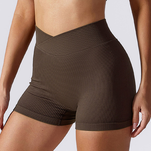 Women's Olive <b>Green</b> 2 Piece Yoga <b>Set</b> One-Shoulder Crop Top High Waist Shorts Asymmetric Ribbed Seamless Sportwear - Product Image 3