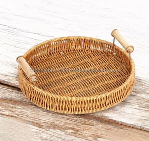 ถาดหวายทรงกลมทำด้วยมือพร้อมด้ามไม้เหมาะสำหรับผลไม้อาหารเช้าของว่างชาและอื่นๆ - Product Image 4
