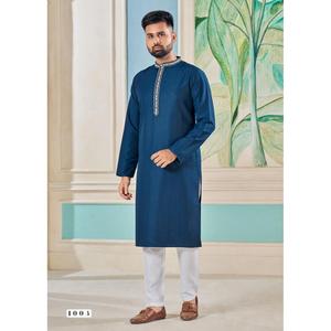 DISEÑADOR VISCOSA TEJIDO RAYA CON BORDADO TRABAJO HOMBRE KURTA PIJAMA SKY - Product Image 1