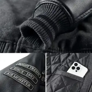 <b>Men's</b> Black Varsity <b>Jacket</b> With <b>UK</b> Embroidery Patch Leather Sleeves Collar <b>Casual</b> Autumn Wear Regular Fit Button Closure - Product Image 3
