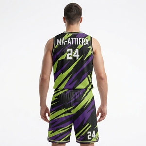 Ma-Attiera Ensemble de maillot et short de basketball pour hommes, personnalisé, motif éclair noir, violet et vert, taille 24 - Product Image 2