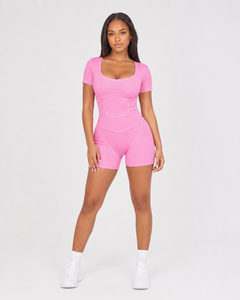 Dress to Impress Casual Skinny One Piece Seam Detail Short Sleeve <b>Unitard</b> <b>Romper</b> Bodycon Dress Spandex/Cotton Stretch - Product Image 3