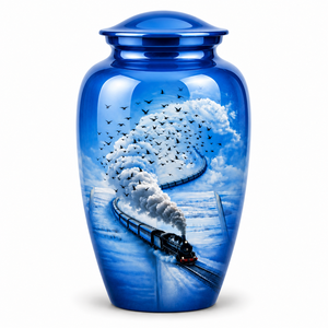 Autocollant commémoratif de luxe avec image de train bleu et de fumée, et urne funéraire en émail pour cendres humaines d'adultes - Product Image 2