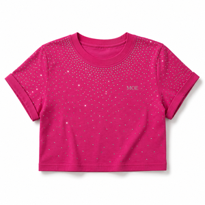 Luxury Bling Hotfix Crystal Crop Tee Y2K Aesthetic Fuchsia Short Sleeve Streetwear Custom Logo Women's Shirts Summer Boxy Top - Product Image 3