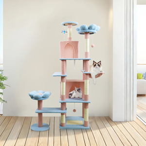 Griffoir pour chat en sisal motif floral, multilevel, bleu et rose, arbre à chat, meuble d'intérieur pour animaux, avec condo amovible en carton - Product Image 1