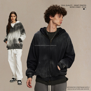 เสื้อฮู้ดแฟชั่นย้อนยุคของผู้ชายผ้าฝ้าย100% แบบสวมหัวเสื้อมีฮู้ดย้อมสีสกปรกซักหลวมบางโลโก้ตามสั่ง - Product Image 3