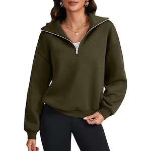 Sweat-shirts décontractés pour femmes à col en V, manches longues, demi-zip et épaules tombantes - Product Image 1