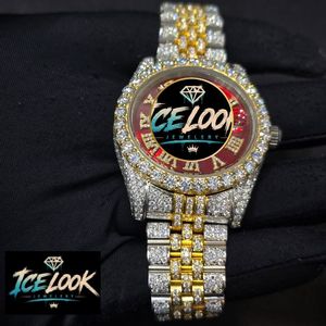 นาฬิกาข้อมือสุดหรู Ice Look ขนาด 43 มม. ระบบควอตซ์ ตัวเรือนสแตนเลส ฝังเพชร สายสองสี หน้าปัดตัวเลขโรมัน - Product Image 4