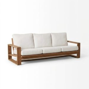 Sofá de Exterior Moderno y Minimalista de Teca Sólida, Tres Plazas, con Reposabrazos Cuadrados, Cojín Blanco Resistente a la Intemperie, Conjunto de Salón para Patio y Jardín - Product Image 2