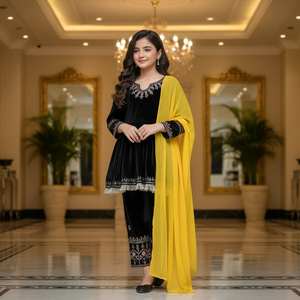 Elegante Conjunto de Salwar Kameez de Terciopelo Negro con Peplum, Dupatta Amarilla en Contraste, Traje de Fiesta de 3 Piezas Estilo Bollywood, Ropa India - Product Image 1