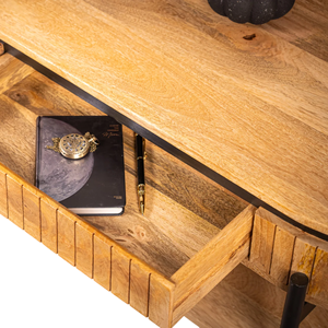 Mesa de Centro Ovalada de Madera de Mango Sólido con 1 Cajón de Almacenamiento, Estilo Flauta, Acabado Natural Industrial, Mesa de Centro para Sala de Estar - Product Image 6