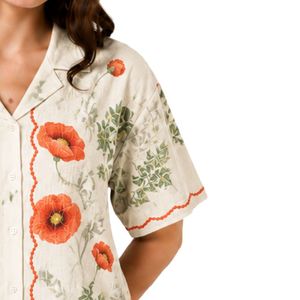 Camisa Blanca con Estampado Floral Naranja para Mujer, Manga Corta, Cierre de Botones, Blusa Casual de Verano de Algodón con Cuello, Tops de Moda Personalizados OEM - Product Image 4