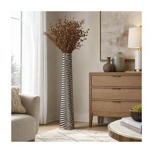 Vase de table en métal géométrique moderne, design industriel fait main, finition argentée, hauteur 39 cm, sculpture décorative - Product Image 3