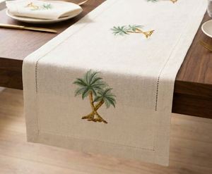 Wholesale Customized Natural Linen <b>Table</b> <b>Runners</b> Embroidered Double Palm Tree Hemstitch <b>Runner</b> Washable Durable Home Events - Product Image 3