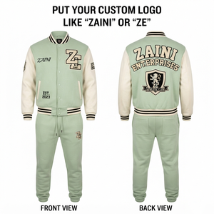 Chándal Unisex de Felpa de Algodón y Poliéster de 320 GSM, Estilo Universitario, Invierno, Color Verde Menta Sólido con Paneles Blancos, Bordado Chenille Personalizado - Product Image 1