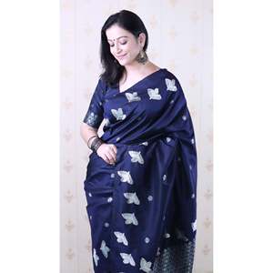 Sari en soie douce bleu marine à double tissage Zari avec bordure à motif d'oiseaux pour robes de cocktail Elite Weaves 650g - Product Image 5