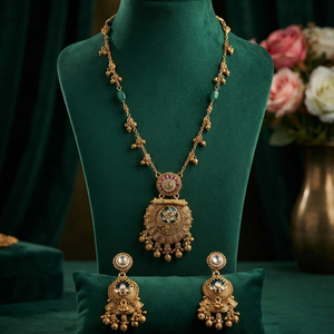 Ensemble collier et boucles d'oreilles pendantes en laiton plaqué or, finition antique traditionnelle, pour femme, anniversaire - Product Image 3