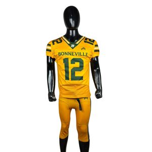 Ensemble de maillots de football américain personnalisés pour hommes, jaune et vert, sublimés, en mesh ajusté, manches courtes, anti-transpiration, uniforme 320 grammes - Product Image 1