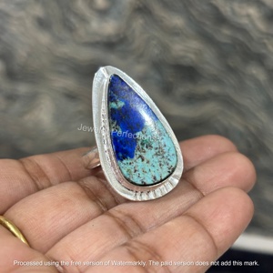 JEWELRY PERFECTIONS <b>Silver</b> Plated Brass Bohemian Pear Shape Channel <b>Set</b> Azurite Gemstone <b>Ring</b> for Women's Engagement Wedding - Product Image 3