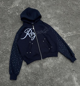 Top Selling Printed Front Logo Rhinestone Sleeves Hooded Sweatshirts Front and <b>Back</b> Printed <b>Dropped</b> Shoulders Streetwear Hoodie - Product Image 1