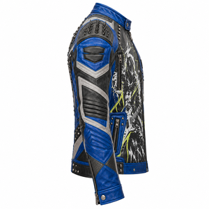 Men Blue Real Leather <b>Spiked</b> Biker Jacket Electric Guitar Graphic Print <b>Metal</b> Studded Coat Custom OEM ODM Vendor Factory Export - Product Image 3