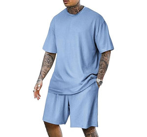 Mens solid color crew neck Casual <b>knitted</b> summer outfit Pink 100% cotton t-shirt Shorts <b>set</b> for men's gym - Product Image 2