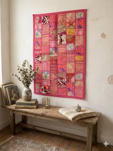 Tapiz de Pared de Algodón Indio con Parches de Sari, Bordado, Estilo Boho, Decoración Étnica para el Hogar - Product Image 4