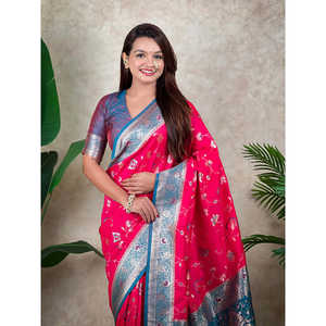 ผ้าไหมทอสีชมพูแบบ Banarasi Jaal Zari สำหรับทำชุดส่าหรี  เสื้อผ้าอินเดียและปากีสถาน  งานทอระดับพรีเมียม  650 กรัม - Product Image 2