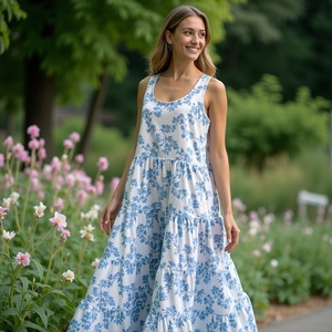 Sin mangas Maxi Flowy escalonado blanco azul vides estampado estilo bohemio verano al aire libre ropa casual vestido de mujer - Product Image 2