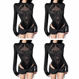 Body de tirantes negros sin mangas con cuello alto para mujer, de malla hueca, sexy, para discoteca, de secado rápido, poliéster/algodón, ajuste elástico. - Product Image 2