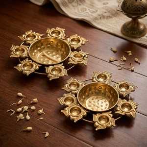 Golden Steel Handmade Diya Holder with Floral Design Circular Oil <b>Lamp</b> Stand for Ritual Use Antique Ramadan - Product Image 2
