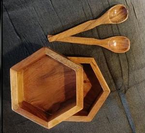Bol de service hexagonal en bois d'acacia de qualité alimentaire pour la table, la vaisselle, les collations et les soupes, article ménager au meilleur prix - Product Image 1